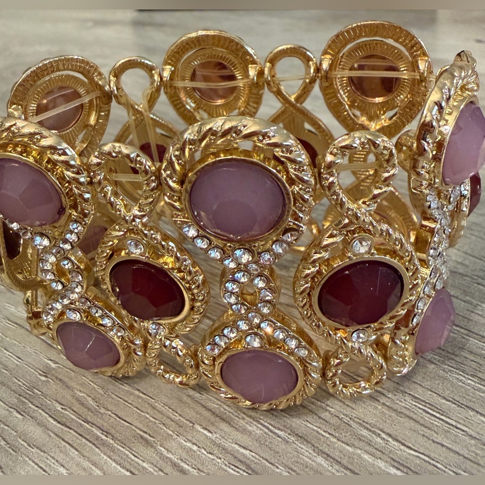 #679 Large Gold & Pink Stretch Bracelet - Picture 3 of 5